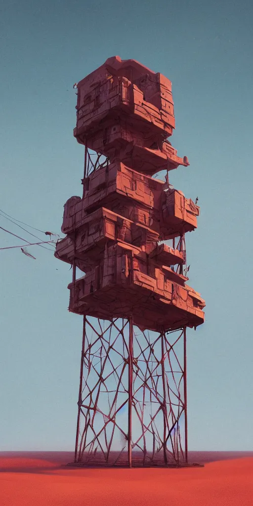 Prompt: a concrete tower with several power cables coming from the top of the tower and going out of frame, the tower stands in red sand beach, ocean waves, cloudy day, blue hour, by filip hodas, by simon stalenhag, cinematic, dramatic light, concept art, matte painting, trending on artstation, dystopia, cyberpunk