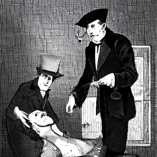 Prompt: a photograph of a doctor diagnosing a terrified patient. The patient is dressed in a suit and tophat with a monocle and union jack flag