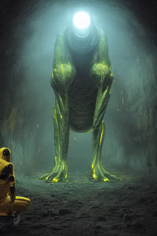 Prompt: Underground Lab, Huge monster alien, yellow, cinematic, 32k, cinematic lighting, octane