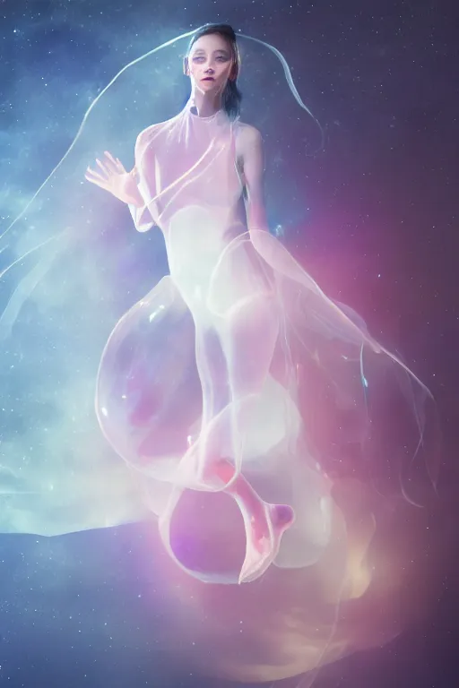 Image similar to a photorealistic full body portrait of a woman wearing a translucent jelly fish dress in space, dynamic lighting, hyper realistic, cinematic, blur, stunning, ray tracing