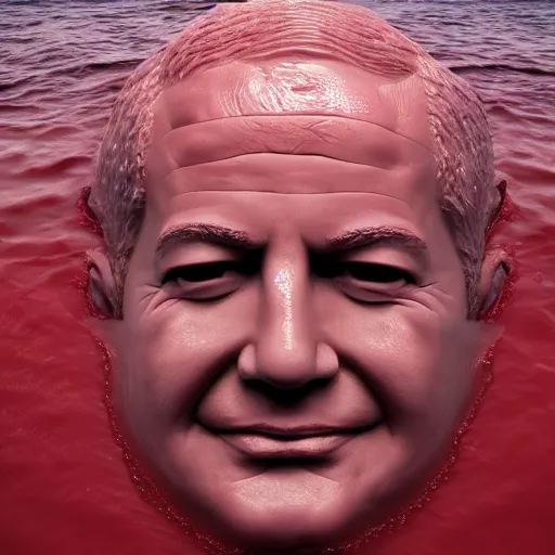 Image similar to a giant human head sculpture in the sea made out of juicy and transparent red jelly, looking like benjamin netanyahu, long shot, hyper detailed, hyper realistic, ray tracing, 8 k resolution, sharp focus, realistic water, award winning