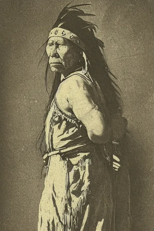 Image similar to “19th century wood engraving of a Native American indian woman, portrait, Nanye-hi Beloved Woman of the Cherokee, wearing a papoose showing pain and sadness on her face, ancient”