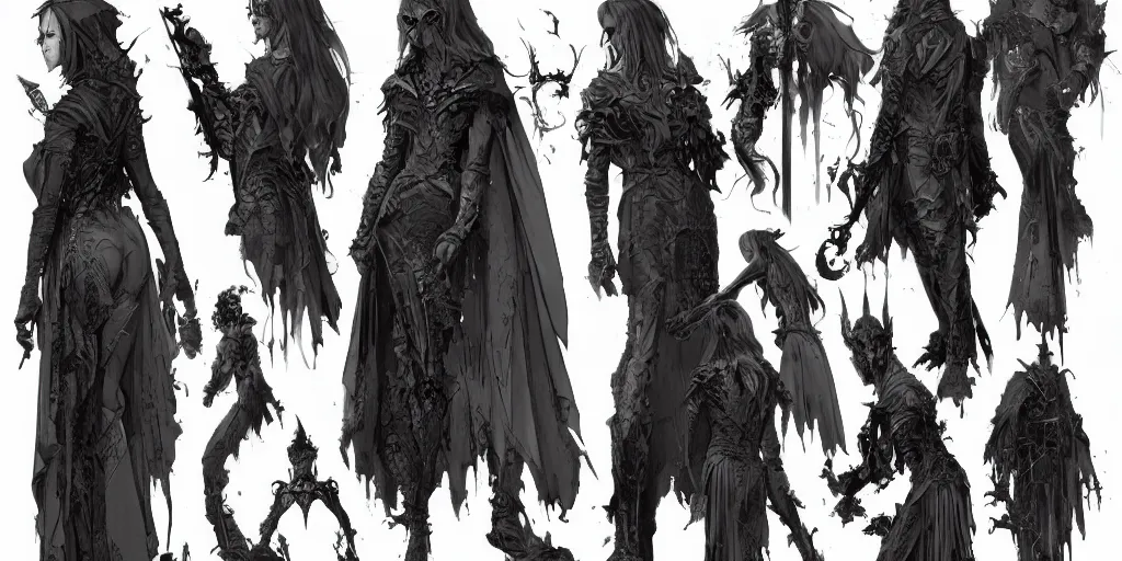 Image similar to gothic character side view detail designs, Milo Manara, Greg Rutkowski, character sheet, Darek Zabrocki, Karlkka, Jayison Devadas, Phuoc Quan, trending on Artstation, 8K, ultra wide angle, pincushion lens effect