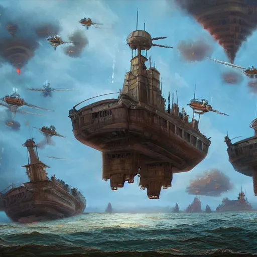 Prompt: an armada of airships attacking a floating castle, oil painting, in the style of marc simonetti, 4 k