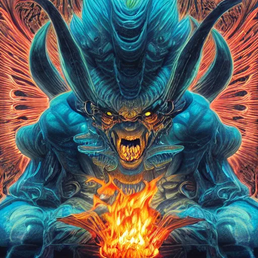 Image similar to portrait of crazy balrog with fire, symmetrical, by yoichi hatakenaka, masamune shirow, josan gonzales and dan mumford, ayami kojima, takato yamamoto, barclay shaw, karol bak, yukito kishiro