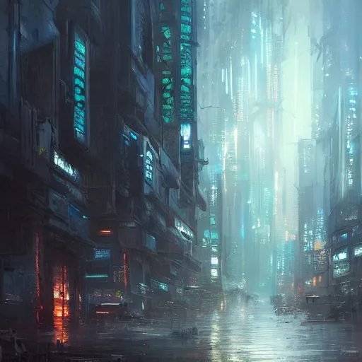 Prompt: A beautiful landscape oil painting of dystopian cyberpunk city by Greg Rutkowski