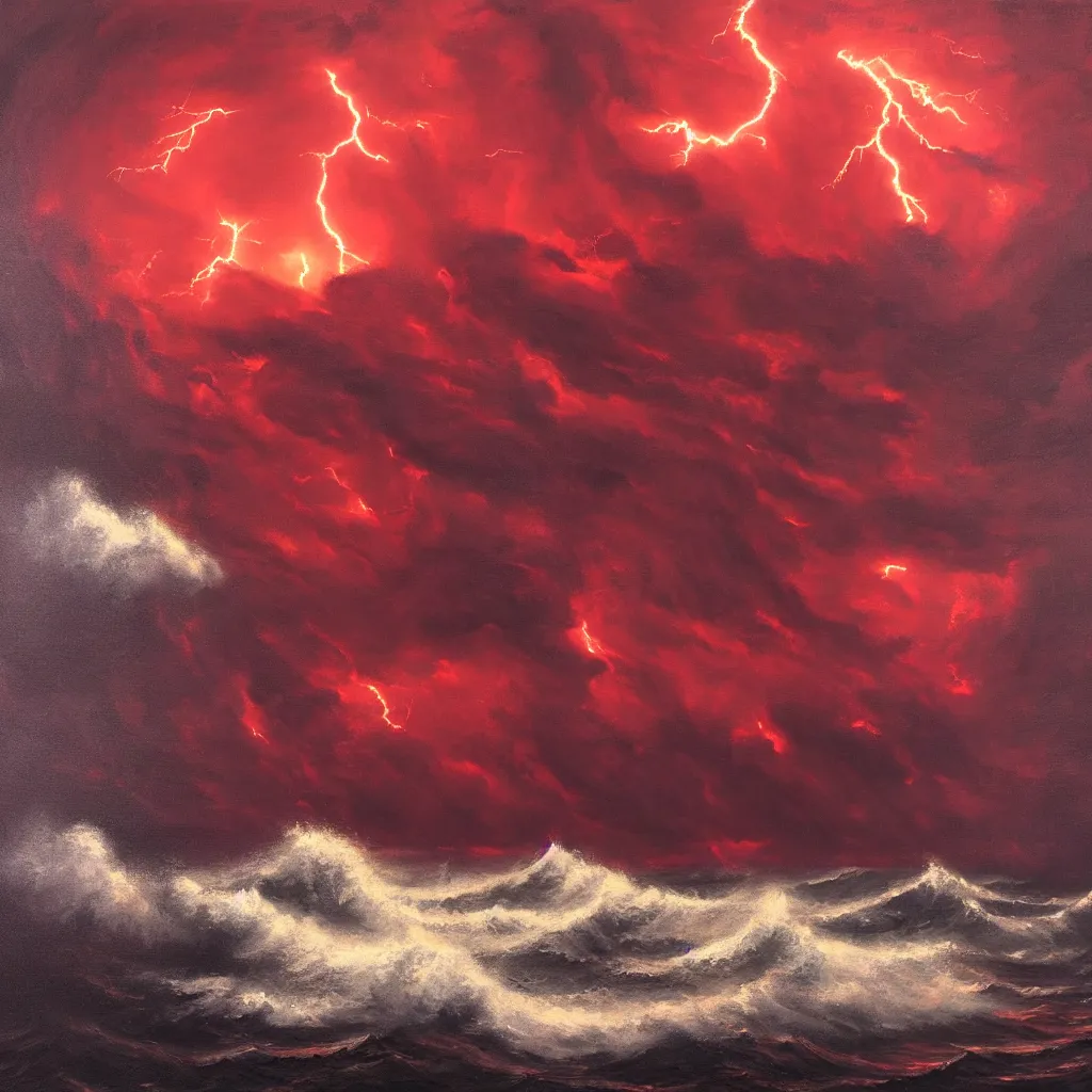 Prompt: a fantasy landscape. subject : giant dark red kraken, stormy sea, small boat, giant waves, lightning in the background, oil painting, 4 k