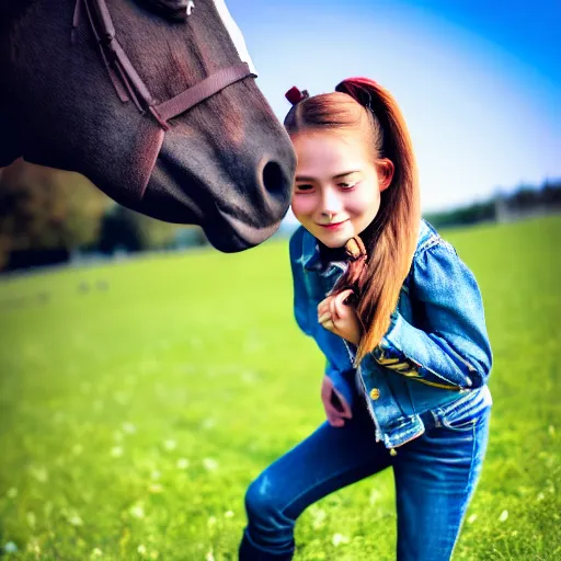 Image similar to a young girl plays on a great green meadow, she wears a jacket, jeans and boots, she has ponytails, photo taken by a nikon, highly detailed, sharp focus