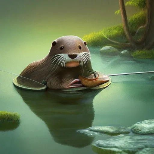 Image similar to painting of otter-fishman with fishing rod, stylized, octane render, morning forest river, Ghibli style, godraze, volume light