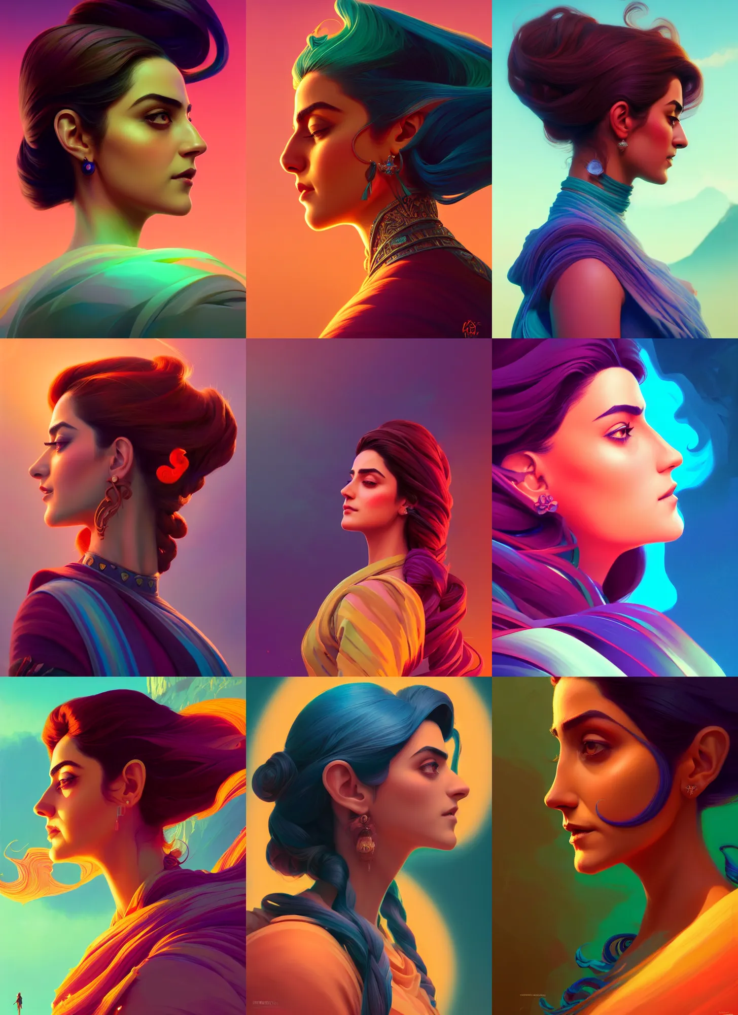Prompt: side profile centered painted portrait, maya ali, wind wizard, gloomhaven, matte painting concept art, art nouveau, beautifully backlit, swirly vibrant color lines, fantastically gaudy colors, aesthetic octane render, 8 k hd resolution, by ilya kuvshinov and cushart krentz and gilleard james