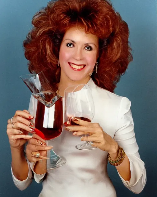 Prompt: a gaudy 1 9 8 0 s portrait of a woman with 1 9 8 0 s hair, holding an oversized glass of wine