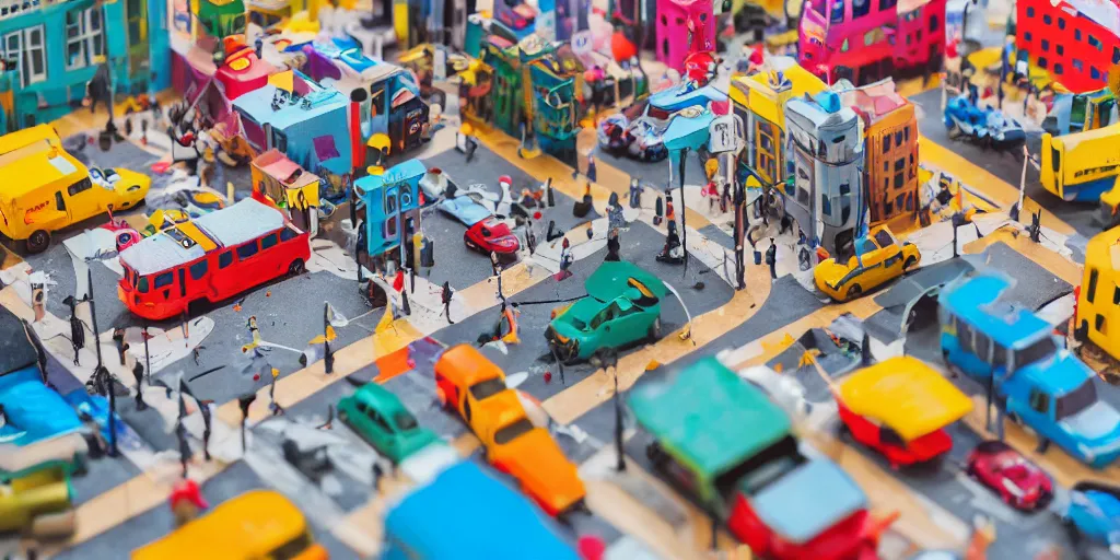 Image similar to paper craft diorama of a colorful city with people and cars