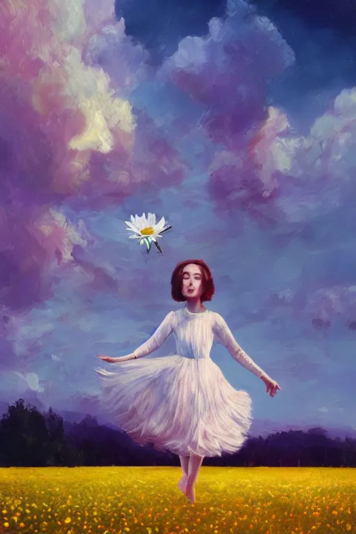 Image similar to giant white daisy flower as head, girl dancing in a flower field, surreal photography, sunrise, dramatic light, impressionist painting, colorful clouds, digital painting, artstation, simon stalenhag