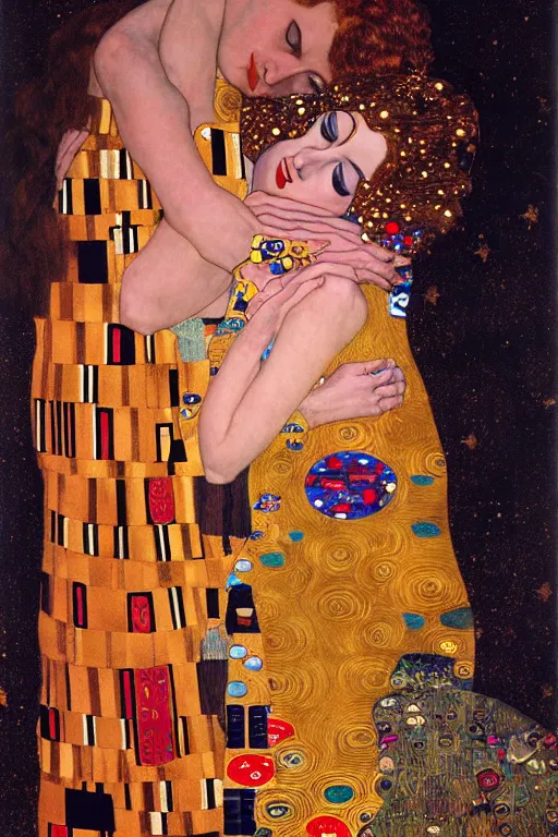 Image similar to two beautiful young goddess, red lighting, kiss, highly detailed, artstation, illustration, art by Gustav Klimt