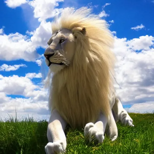 Prompt: ethereal giant white lion cloud in a heavenly blue sky