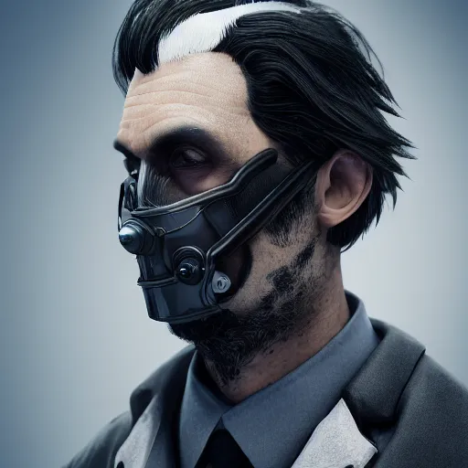 Image similar to a highly detailed, portrait of a man with black hair with a black medical mask, wearing a shark costume, artstation, DeviantArt, professional, octane render, digital art