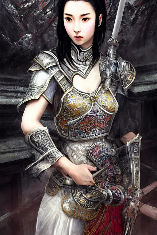 Image similar to portrait black hair young knights of Dynasty Warriors girl, matt white color reflected armor, in ruin chinese temple rooftop heavily rain sunrise, ssci-fi and fantasy, intricate and very beautiful and elegant, highly detailed, digital painting, soft light, artstation, concept art, smooth and sharp focus, illustration, art by tian zi and WLOP and alphonse mucha