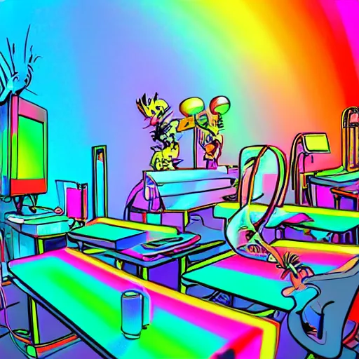 Image similar to 3D Dr. Suess environment in a blacklight laboratory with a scientist experimenting with box TVs and rainbows. beautiful lighting. highly detailed digital art. trending on Behance.