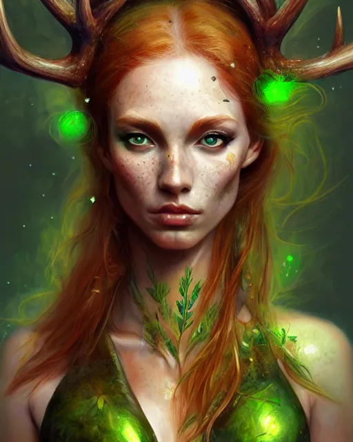 female druid, perfect face, thin antlers, green leaf | Stable Diffusion ...