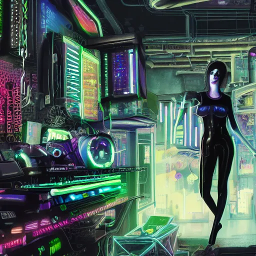 Prompt: cyberpunk goth girl emma stone cyborg working on cyberpunk computer in cyberpunk farmers market by william barlowe and pascal blanche and tom bagshaw and elsa beskow and enki bilal and franklin booth, neon rainbow vivid colors smooth, liquid, curves, very fine high detail 3 5 mm lens photo 8 k resolution