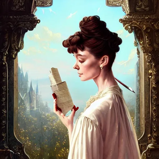 Image similar to audrey hepburn in an epic victorian novel, various backgrounds, intricate, elegant, highly detailed, digital painting, artstation, matte, illustration, art by artgerm, greg rutkowski, loish, rhads, ferdinand knab, makoto shinkai, lois van baarle, ilya kuvshinov, rossdraws, tom bagshaw