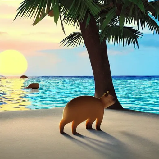 Image similar to “capybara and bunny with black spots on face and nose, on the beach with blue water and white sand, swaying palms, photorealistic render, colorful sunset, unreal engine 5, dynamic lighting, trending on artstation,”