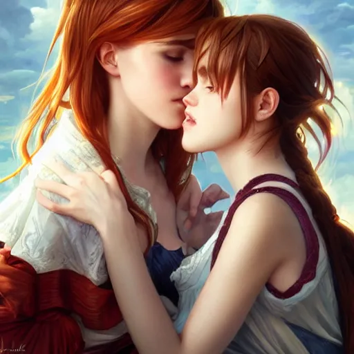 Image similar to ultra realistic illustration, bella thorne and emma watson kissing anime, intricate, elegant, highly detailed, digital painting, artstation, concept art, smooth, sharp focus, illustration, art by artgerm and greg rutkowski and alphonse mucha and wlop