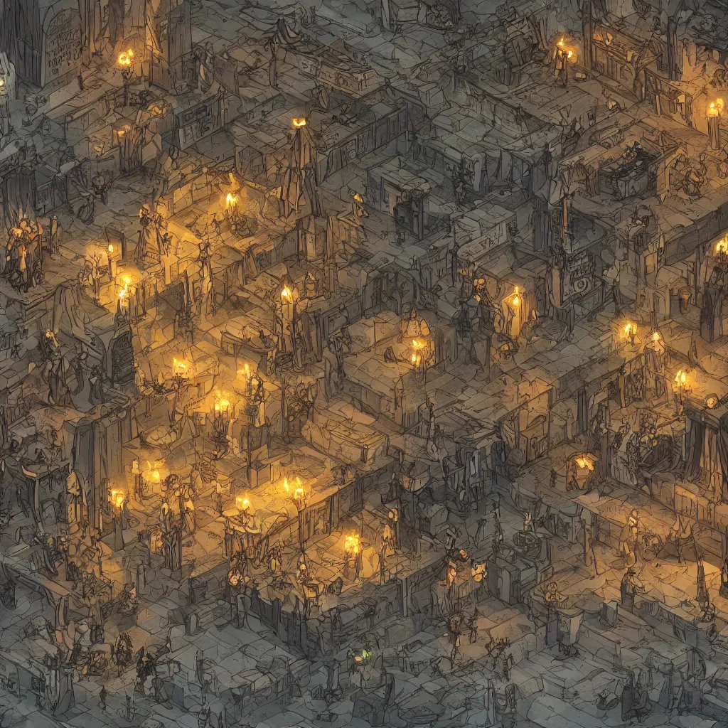 Image similar to An intensely bureaucratic villains lair with dozens of henchman doing paperwork, gridless DND map, 8k digital art, high quality,