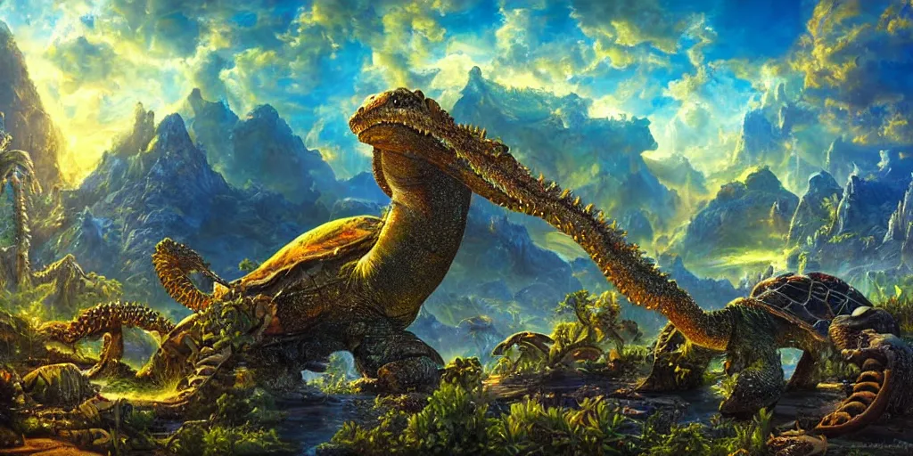 Image similar to fantasy oil painting, great leviathan, cybernetic turtle cephalopod terrapin reptilian pachyderm squid, hybrid, anubis, epic, natural light, lush plants flowers, spectacular mountains, bright clouds, ufo, luminous sky, outer worlds, golden daple lite, craig mullins, michael cheval