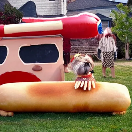 Image similar to a dog made from hot dogs