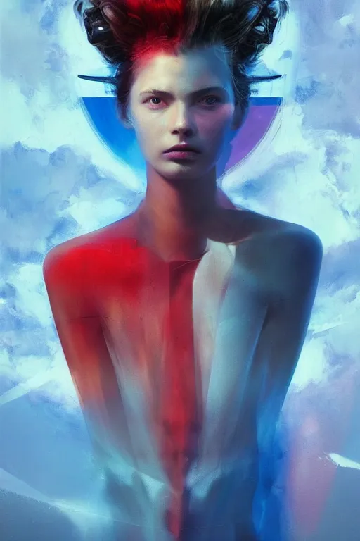 Prompt: 3 d, sci - fi, morning, sleepy fashion model face, sun rays, cinematic, lightning clouds, vogue cover style, stanley kubrick, light red and deep blue mood, realistic painting, intricate oil painting, high detail, figurative art, multiple exposure, poster art, 3 d, by tooth wu and wlop and beeple and greg rutkowski