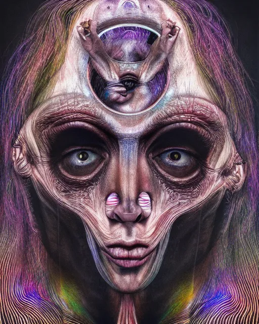 Image similar to realistic portrait of a creature experiment gone wrong, psychedelic, dark art, facing camera, photo realistic, detailed, 1 4 5 0, delicate, hyper realism, ultra realistic, 8 k