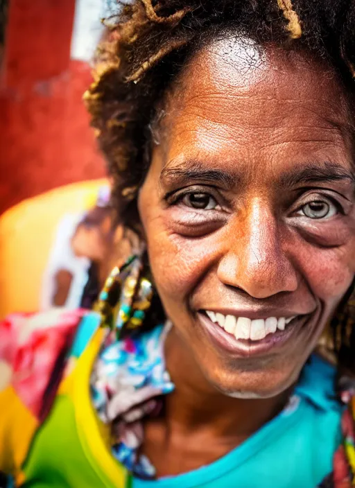 Image similar to close up portrait of a beautiful, real 30-year-old Cuban woman, happy, candid street portrait in the style of Martin Schoeller, award winning, Sony a7R