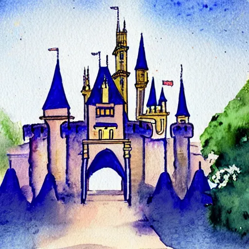 Image similar to a beautiful watercolour sketch print of the disney castle on a 3 0 0 gsm watercolour card
