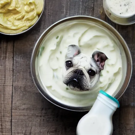 Prompt: a dog in the form of garlic drinks mayonnaise from a metal bowl