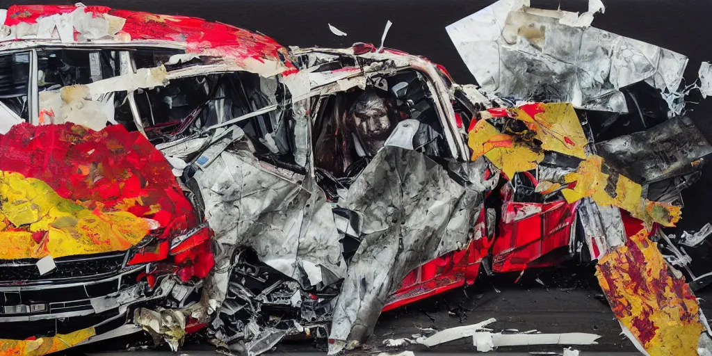 Prompt: car crash test, collage paper and tape, acrylic on canvas, hyperrealism mixed with expressionism, breathtaking detailed, by blake neubert