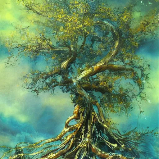 Image similar to an amano oil painting of a very wonderful perfect amazing incredible glorious beautiful mind flowing giant tree of heavenly grace