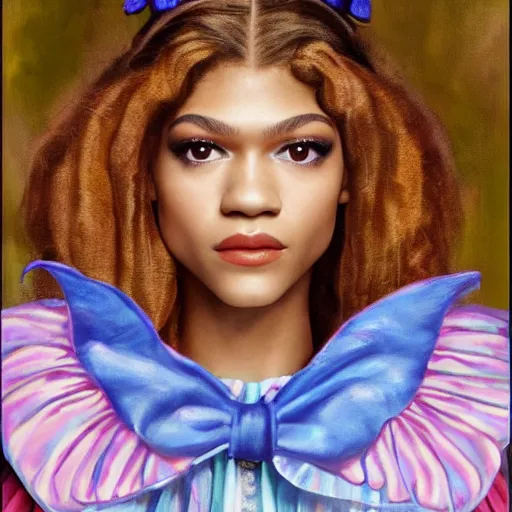 Image similar to zendaya as Alice in wonderland, oil painting, high detail, angelic, flawless face,