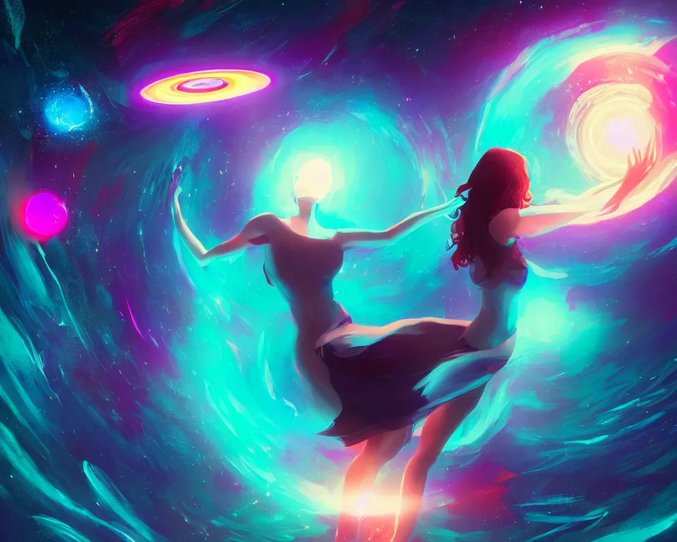 Image similar to a beautiful whimsical woman standing under a multi-colored binary blackhole with an accretion disc, casting magic, glowing trails following her arms, digital art, by Lois van Baarle, by Greg Rutkowski, by artgerm, by beeple, by studio ghibli, cinematic angle, volumetric lighting, 4k resolution, octane render, trending on artstation, masterpiece