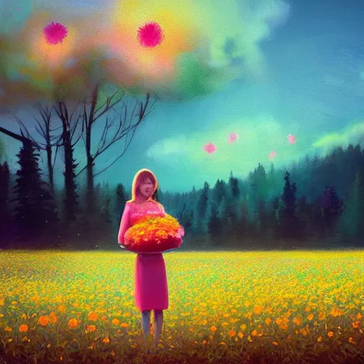 Image similar to girl with a gargantuan flower as a face, surreal photography, dream, standing in flower field, hills, big trees, sunrise dramatic light, impressionist painting, colorful clouds, digital painting, pointillism, artstation, simon stalenhag, flower face