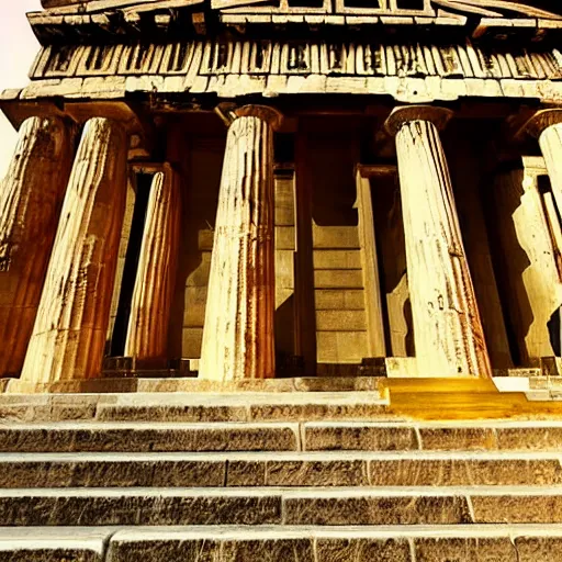 Prompt: beautiful greek temple made of black marble with gold trim, award winning photograph at sunrise