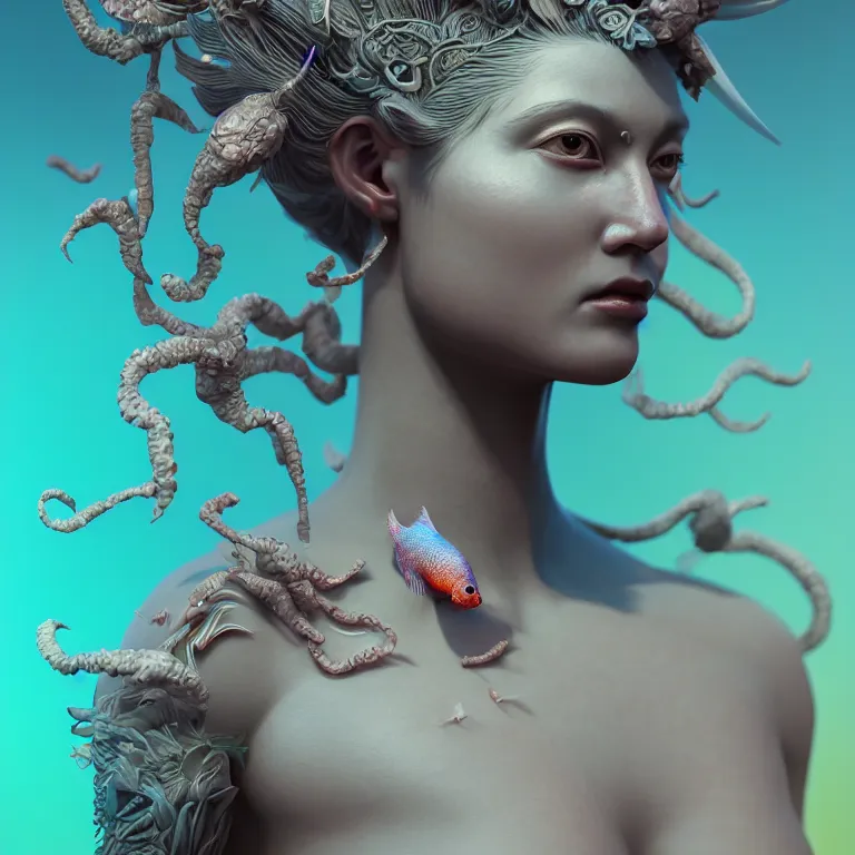 Image similar to goddess full painted acryllic sculpture close-up portrait. orchid bird betta fish, intricate artwork by Tooth Wu and wlop and beeple. octane render, trending on artstation, greg rutkowski very coherent symmetrical artwork. cinematic, hyper realism, high detail, octane render, 8k