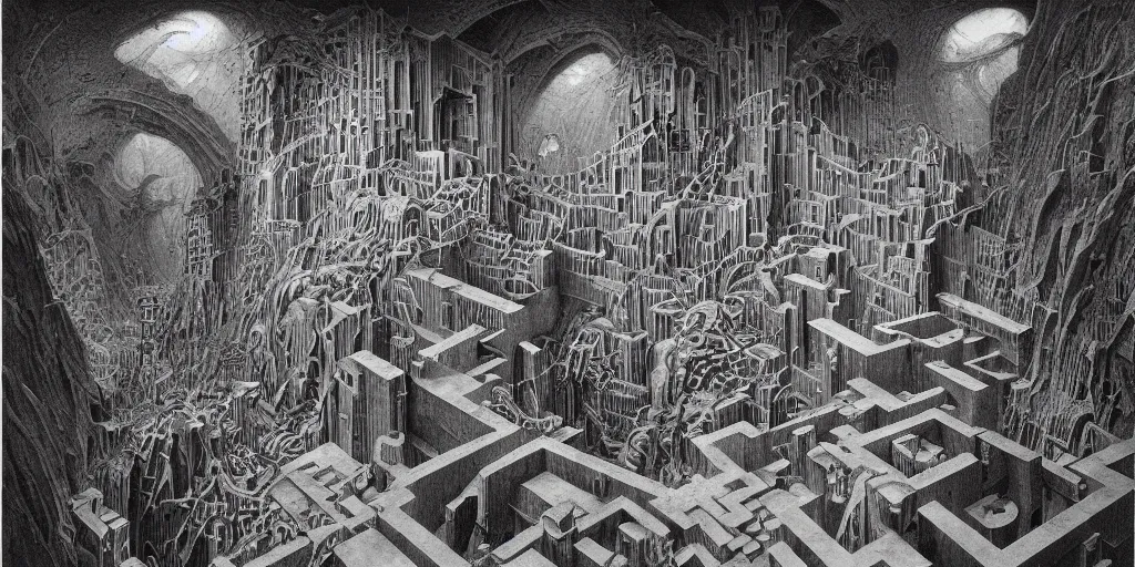 Prompt: isometric perspective, labyrinthine dilapidated prison architecture by mc escher, piranesi and mandelbrot, ricardo bofill. utopian landscape by roger dean. magical realism, zdzisław beksinski, giger biomechanical horror, surrealism, waterfalls, trending on artstation, shot from below,