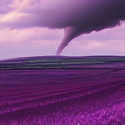 Image similar to a tornado in the distant landscape, hdr, artstation, shuttershock, 4 dimensions purple background