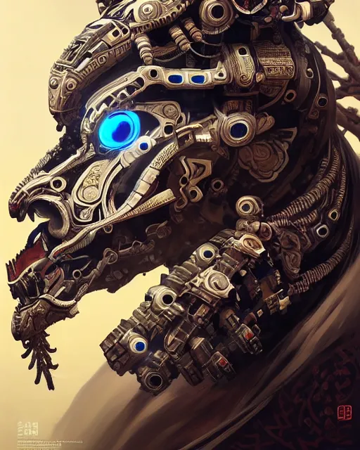 Image similar to portrait of a machine from horizon zero dawn, machine face, upper body, decorated with chinese opera motifs, asian, traditional chinese art, intricate, elegant, highly detailed, digital painting, artstation, concept art, smooth, sharp focus, illustration, art by artgerm and greg rutkowski and alphonse mucha, 8 k