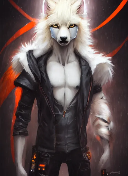 Prompt: award winning beautiful portrait commission of a male furry anthro albino wolf fursona with a tail and a cute beautiful attractive detailed furry face wearing stylish black and orange cyberpunk biker clothes in a cyberpunk city at night while it rains. Character design by charlie bowater, ross tran, artgerm, and makoto shinkai, detailed, inked, western comic book art