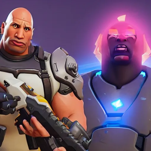 Prompt: screenshot from overwatch dwayne the rock johnson as a fortnite character