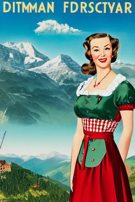 Image similar to 1 9 4 0 s german advertisement poster pinup girl in dirndl, the alps are in the background, unreal engine, global illumination, radiant light, detailed and intricate environment