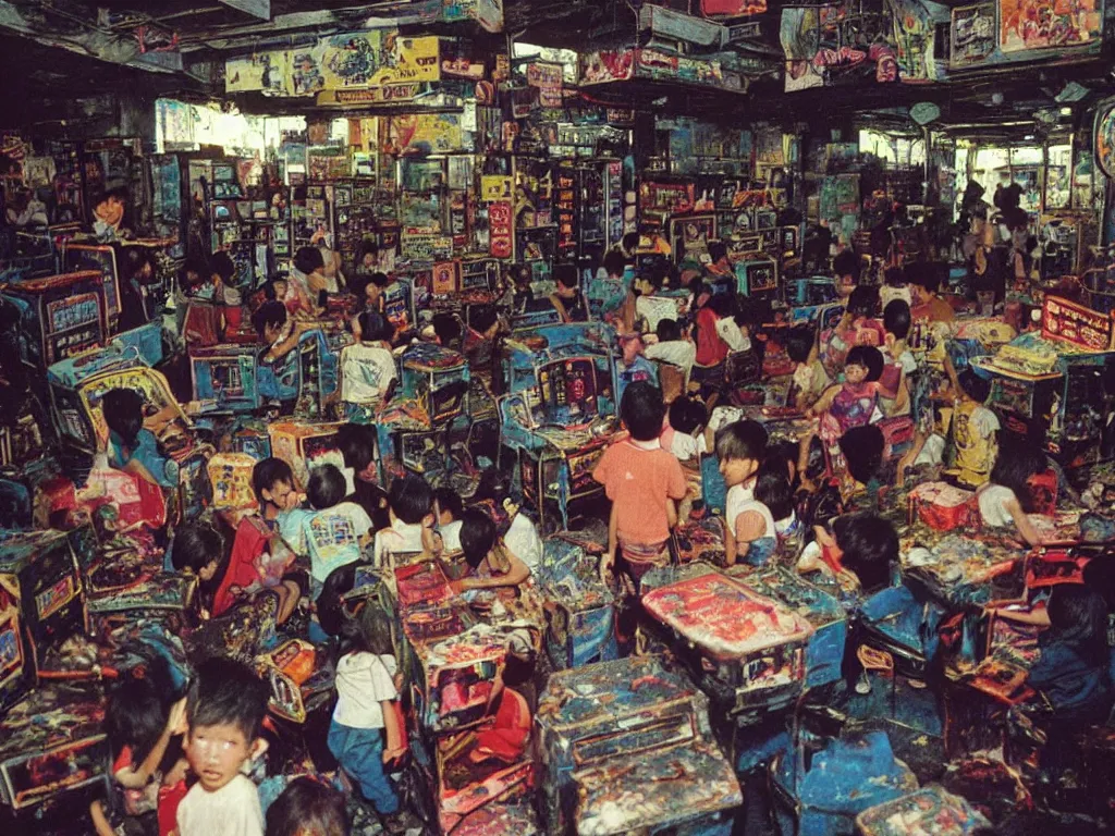 Image similar to 1 9 8 8 photo of : in the narrow cramped dense “ kowloon walled city ”, children are playing colorful video games in a crowded arcade. the room is full of industrial machinery, and is tattered and dirty. full - color professional journalistic photography from “ time ” magazine.