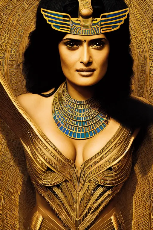 Image similar to Portrait of Salma Hayek as Cleopatra, intricate art deco leaf designs, elegant, highly detailed Egyptian patterns, hieroglyph, sharp focus, art by Artgerm and beeple